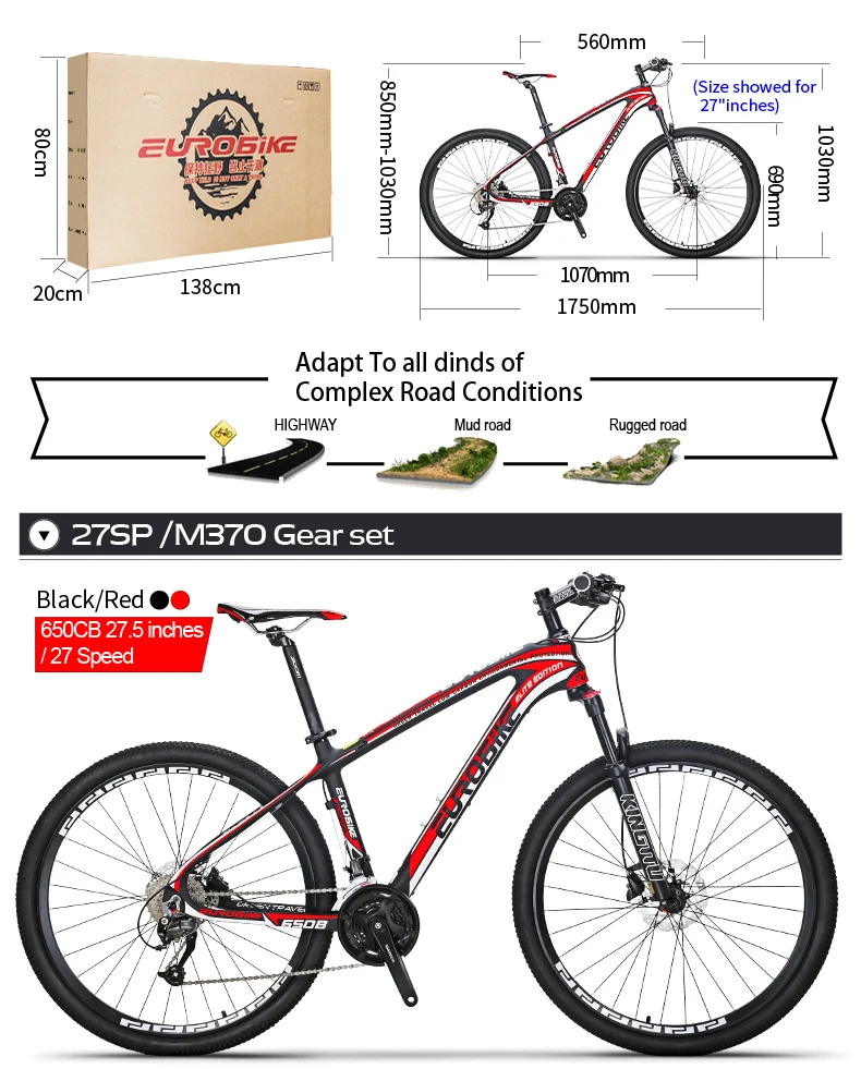 Clearance EUROBIKE 27.5 Inches Carbon Fiber Mountain Bikes Dual Hydraulic Disc Brake Shock Fork 3