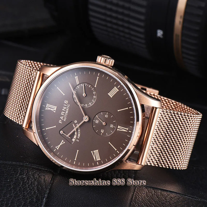 

42mm parnis brown dial power reserve ST1780 automatic movement mens watch