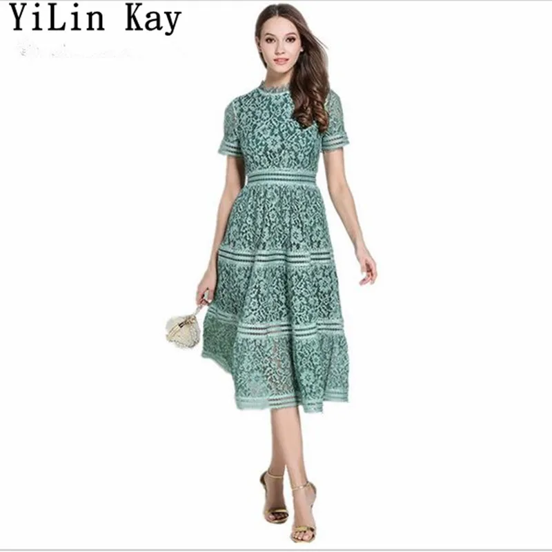 YiLin Kay зеленое/Розовое Кружевное простроченное летнее платье модное подиумное элегантное кружевное платье - Цвет: green
