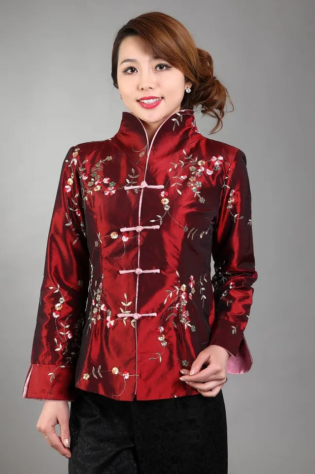 Burgundy Free Shipping New Chinese Women's Silk Satin Jacket Spring