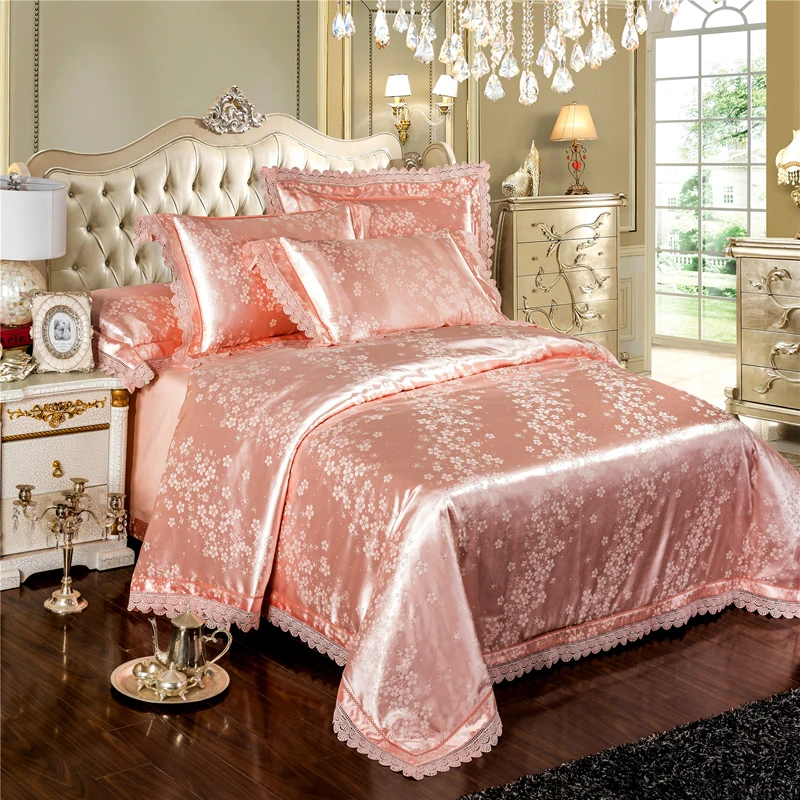 Waliicorners 4-Pcs gold silver lace Jacquard Bed Cover Queen King Size Luxury Bedding Set Silky Bedclothes Duvet Cover Bed Sheet set 18