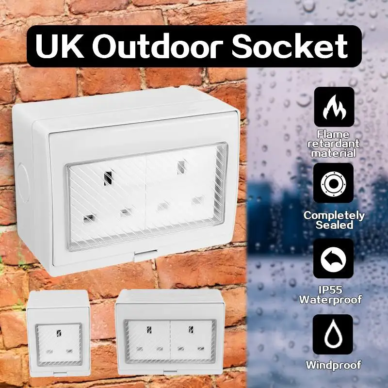 UK Standard 250V 13A Waterproof IP55 Electrical 2 Bit UK 2/Single Socket Plug Wall Mount Power Outlet Wall Switch