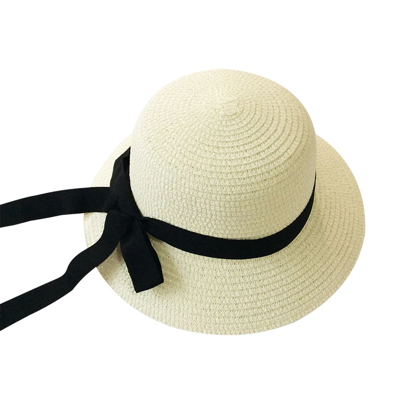 Летняя кепка для девочек, украшенная черной лентой, волнистая соломенная шляпа для девочек, детская Панама, Детская кепка от солнца, детские пляжные шляпы - Цвет: white black ribbon