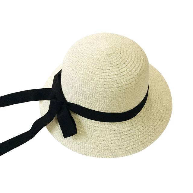 Girls Summer Cap Black Ribbon Decorate Wavy Straw Hat For Girls Children Panama Hat Kids Sun Cap Baby Beach Hats white black ribbon