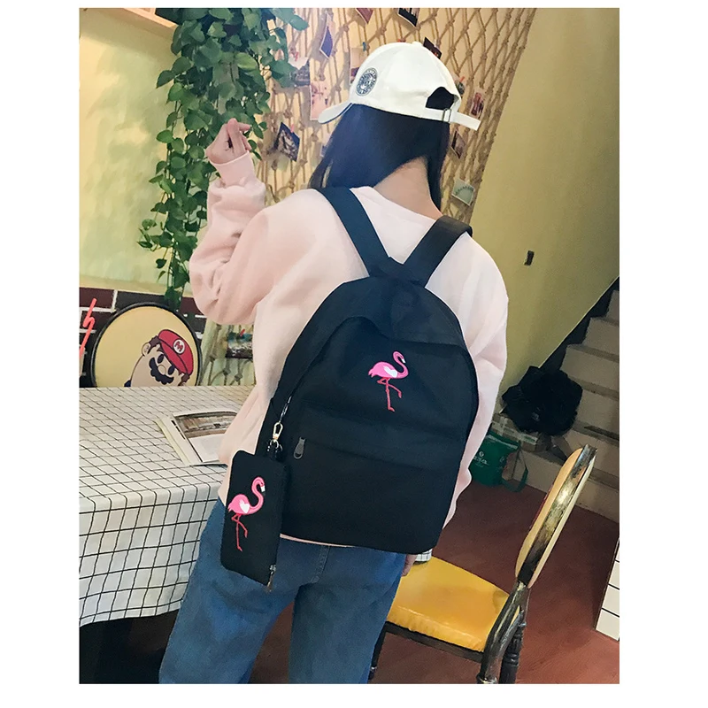 Harajuku school bag female Korean version of ulzzang high school students flamingo print campus college wind canvas backpack