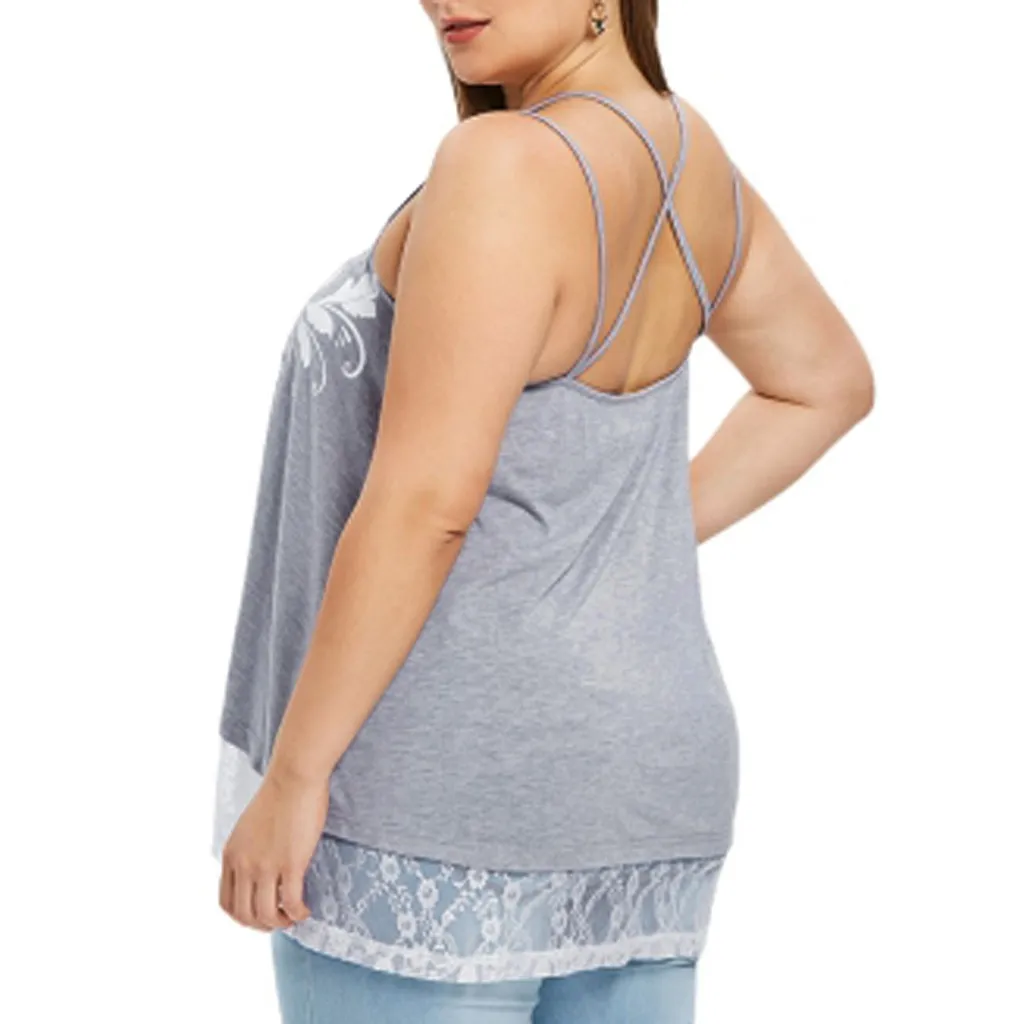 

Fashion Womens Plus Size Sleeveless Print Lace Shirt Casual Shirt