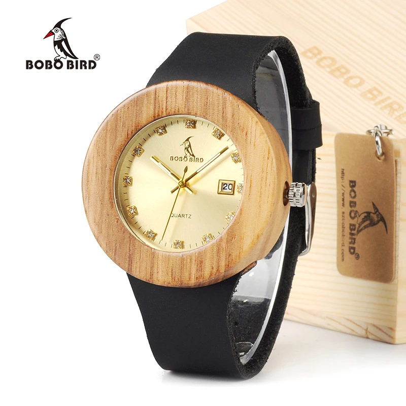 Beste BOBO VOGEL Ronde Vintage vrouwen Ontwerp Merk Luxe Gouden Houten Bamboe Horloges Met Lederen Quartz Horloge En Datum relojes marea