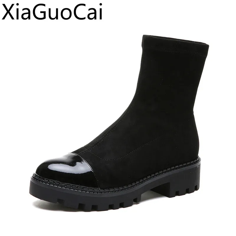 

Autumn and Winter New Female Knitting Martin Boots British Slip-On Ankle Boots for Women Thick Platform Fashion Boots