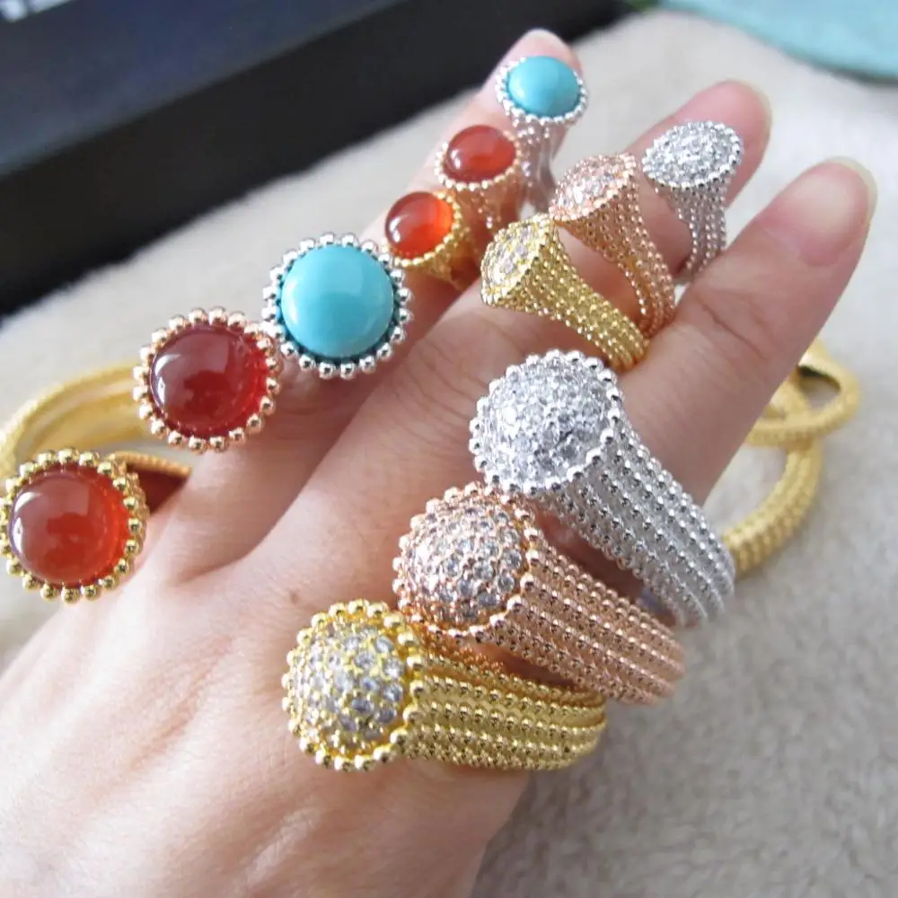 Discount sale 925 sterling silver natural stone open rings and cuff bead band bangle bracelet party jewelry sets for women