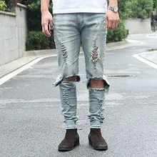 Cool Mens Hip Hop Jeans Skinny Pencil Men Kanye West Denim Pants Destroyed Distressed Ripped Jeans With Holes For Men