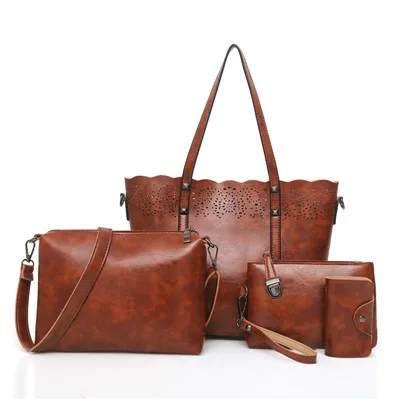 4 шт., набор женских сумок с вырезами, модная женская сумка из искусственной кожи, женские сумки через плечо+ сумка через плечо+ маленький клатч - Цвет: brown
