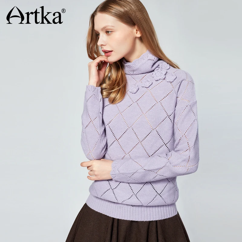 ARTKA Women's Winter Vintage Knitting Wollen Turtleneck Solid Color Sweater Pullover YB14477D | Женская одежда