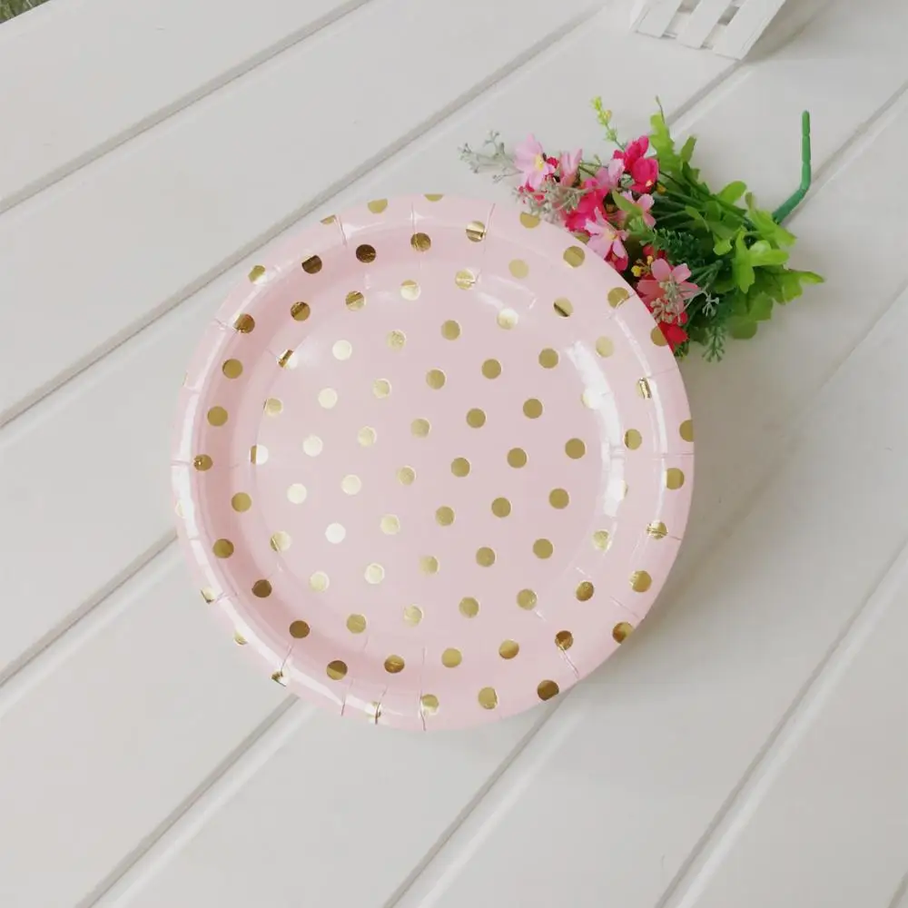 Одноразовые тарелки, золотые, розовые, мятные, зеленые, в горошек, в полоску, 7 дюймов, 9 дюймов, бумажные тарелки для малышей, для свадьбы, дня рождения, крещения, вечерние принадлежности - Цвет: 8pc 7inch Pink plate