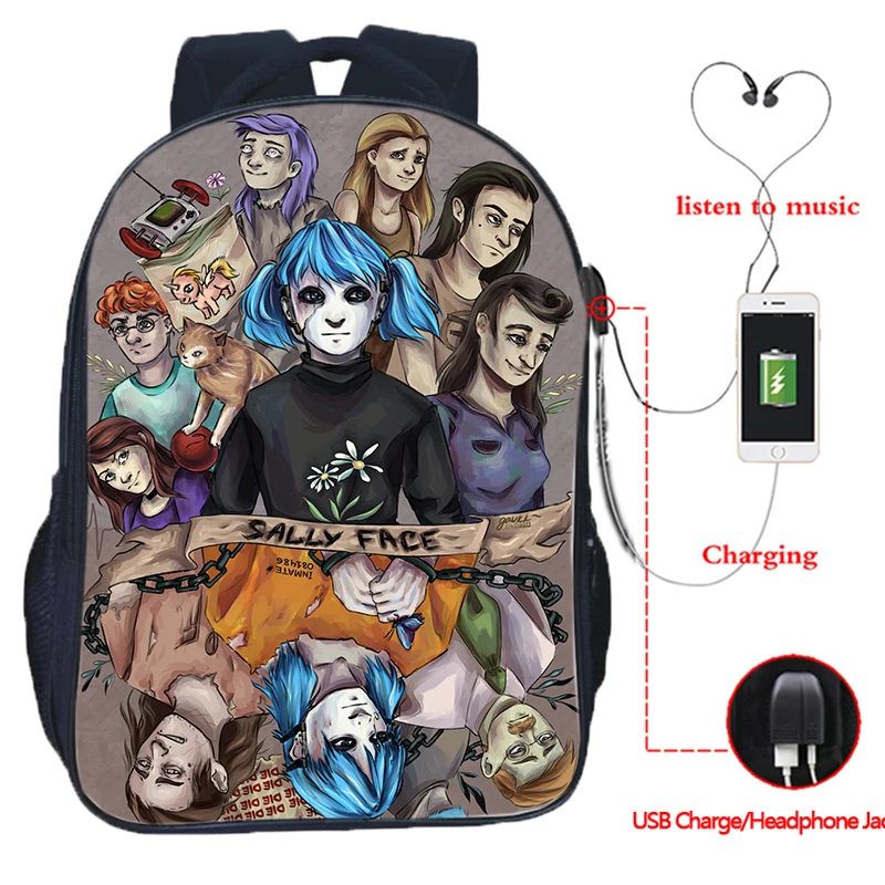 1 Sally Face USB зарядка школьные сумки подростковый рюкзак для ноутбука Хип-Хоп сумка повседневные дорожные сумки 16 дюймов Mochila - Цвет: 1