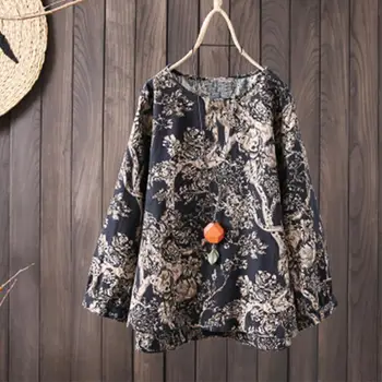 

New Women Crew Neck Long Sleeve Floral Print Baggy Oversized Cotton Linen Top Blouse