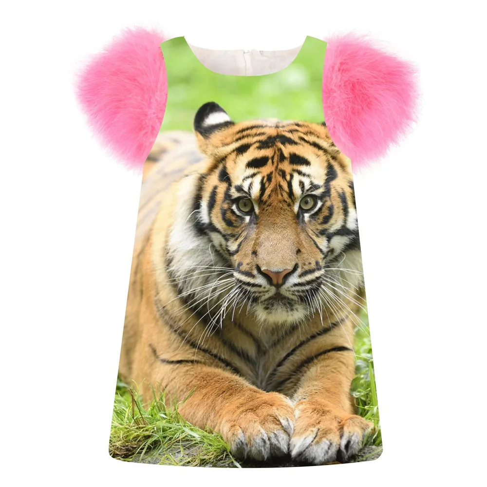 Детская одежда; платье для девочек; модное платье с принтом тигра; сезон весна-осень; Детские платья с рукавами из искусственного меха для малышей