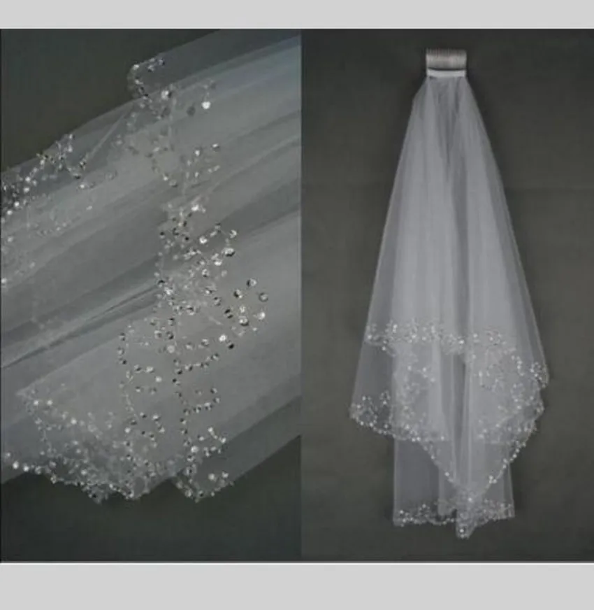 

Sparkle two layer short wedding veil white Beaded Edge Elbow Length Soft Tulle Accessoire Mariage Bridal Veils With Comb