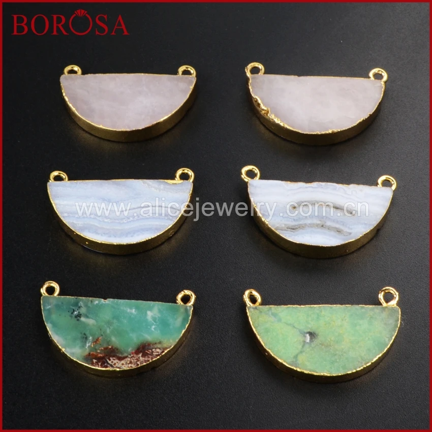 

BOROSA Elegant Gold Color Half Moon Natural Multi-Kind Stones Druzy Connector Double Bails for Necklace Jewelry Making G1025