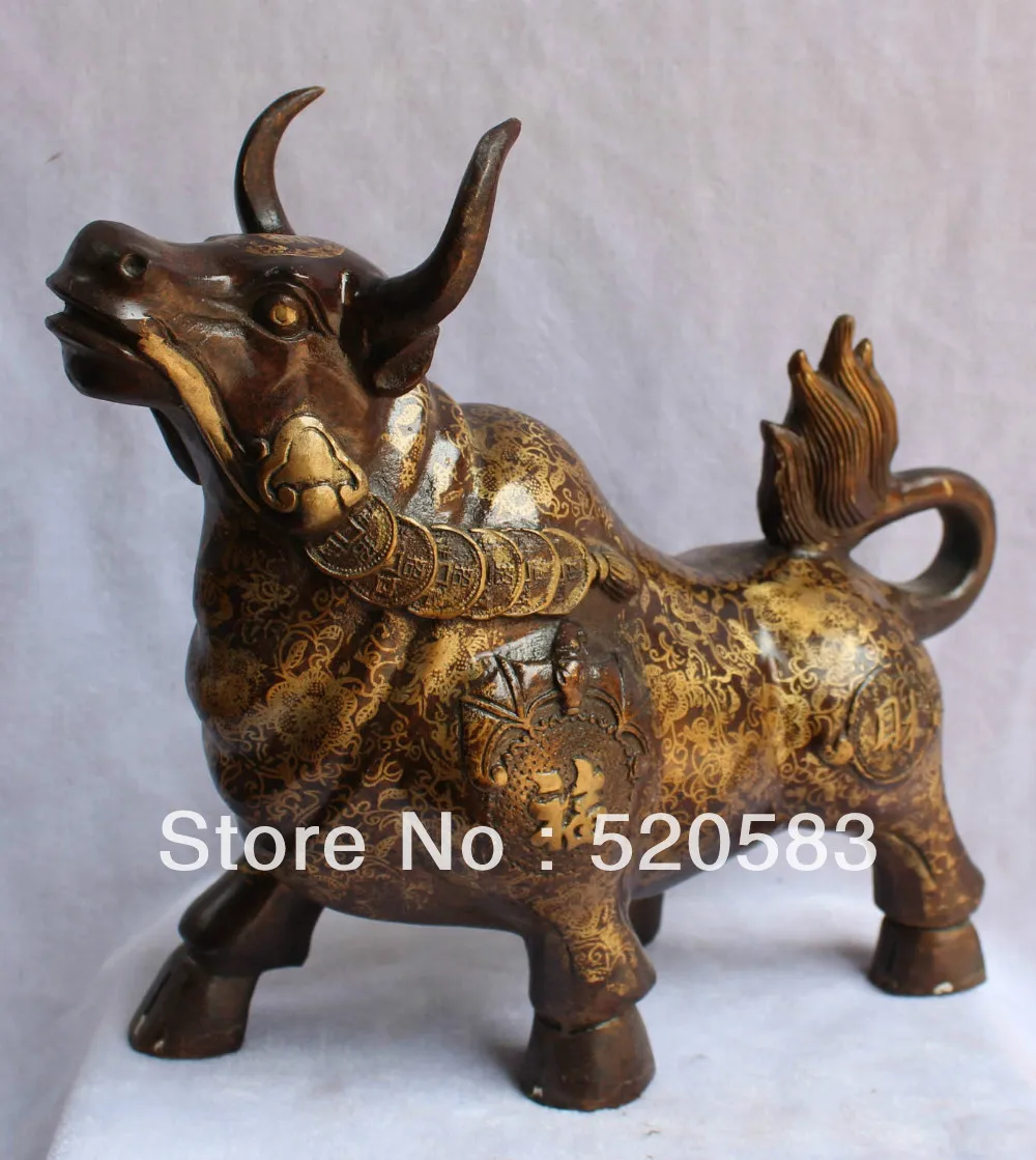 

13"Chinese Bronze Gilt Wealth Money Stronger Bull Unicorn OX Oxen Fu Ruyi States