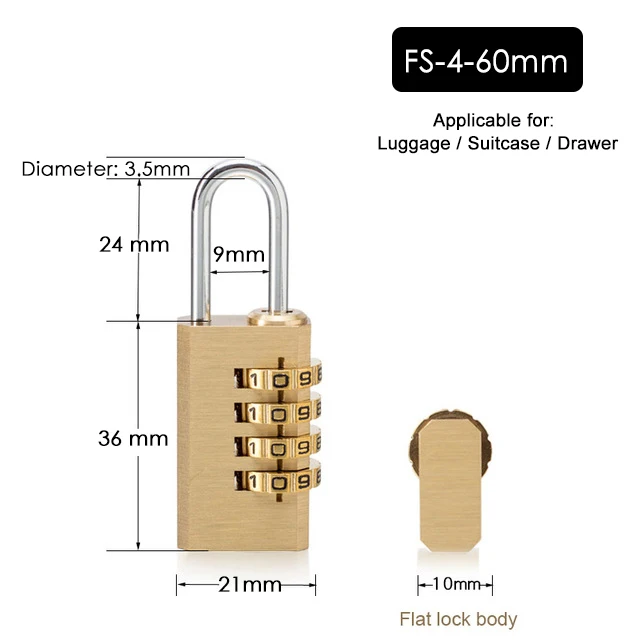 KAK Твердый латунный медный замок безопасности кодовый замок для спортивного зала цифровой шкафчик чемодан замок для ящика фурнитура - Цвет: FS-4-60