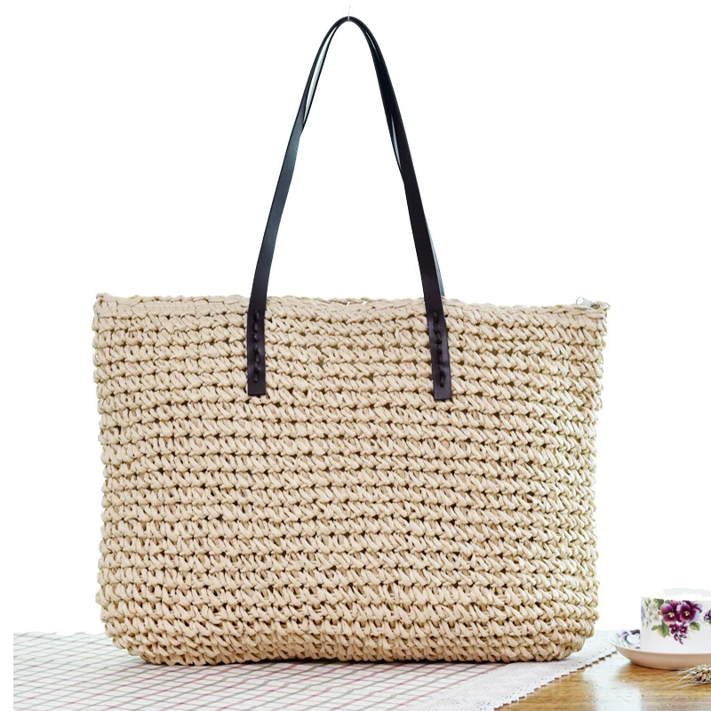 Bolso de playa de verano para mujer, bolso de ratán tejido hecho a mano, paja de gran capacidad, bolso de hombro de cuero para mujer, nuevo bohemio Bolso de playa de verano para mujer, bolso de ratán tejido hecho a mano, paja de gran capacidad, bolso de hombro de cuero para mujer, nuevo bohemio