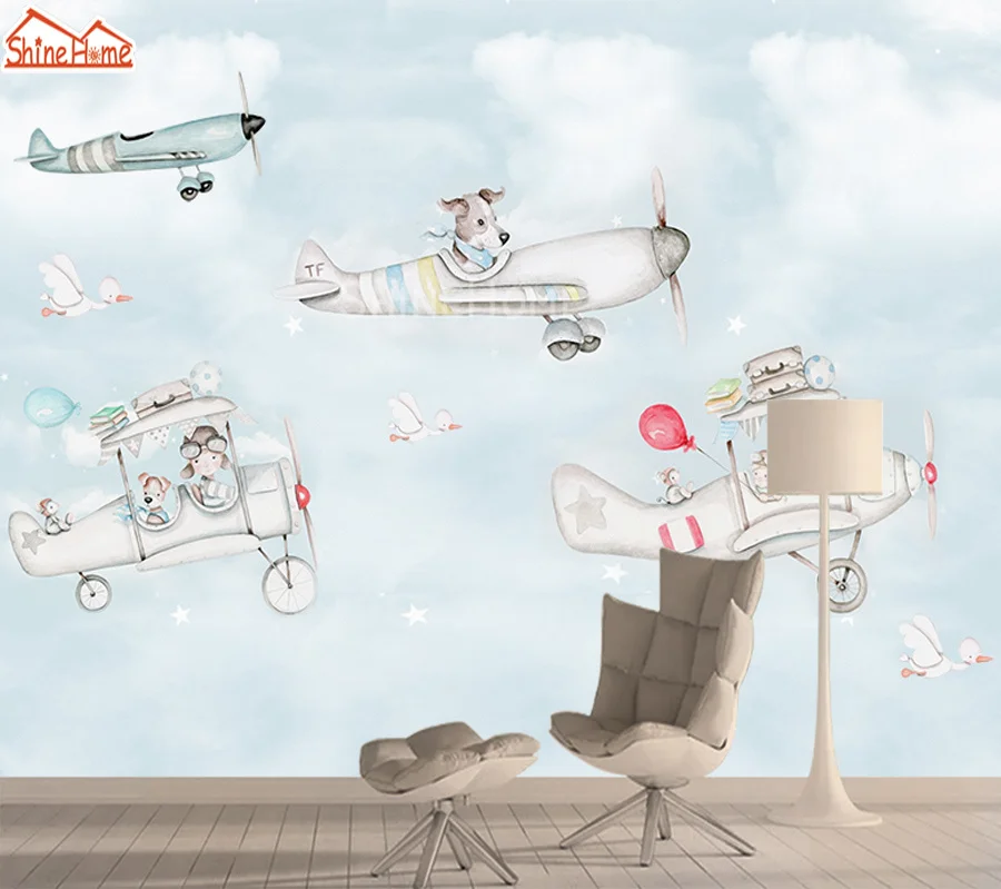 

ShineHome-Wall Paper Home Decor 3d Wallpaper Wall Murals Rolls for 3 d Living Room Kids Wallpapers Cartoon Plane Papel De Parede