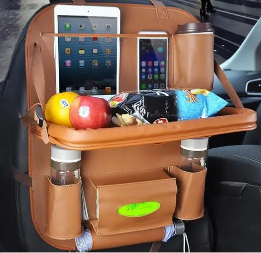 Leather Backseat Car Organizer with Foldable Food Tray Table for Drink