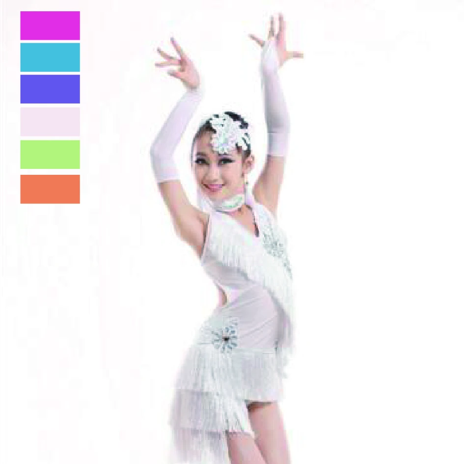 С белой бахромой для бальных танцев Танго латины Сальса платье девушки бальных танцев Одежда Юбки Самба вальс танцы платья для детей