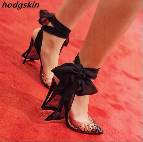 

2019 Clear PVC Leather Rhinestone Shiny Slingbacks Women Pumps Ankle Lace up Thin High Heels Crystals Wedding Party Shoes