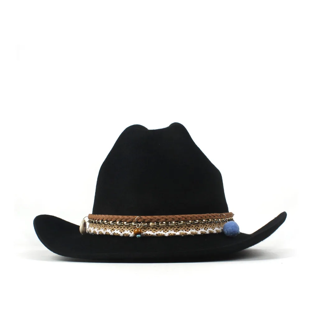 Женская, мужская, шерстяная, с кисточками, западная ковбойская шляпа, женская, черная, фетровая шляпа, Sombrero Hombre, Монтана, шляпа 57-59 см, модный пояс - Цвет: Black
