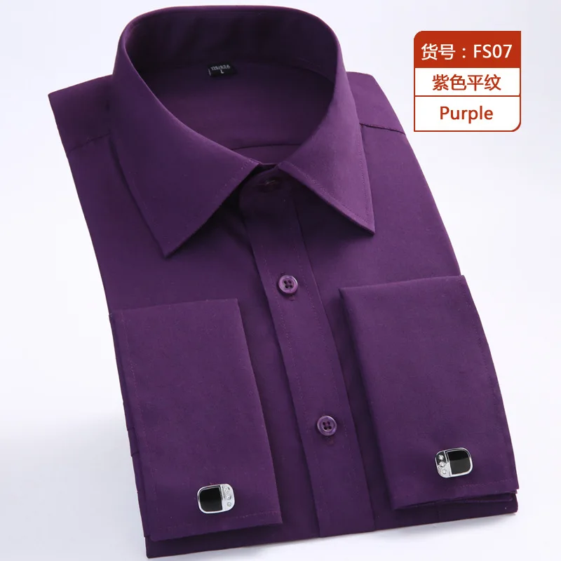 Acheter Plus taille 5XL 6XL Pur Couleur Gentleman Casual Formelle À Manches Longues Hommes Robe Chemise Avec Français boutons de Manchette De Mode Violet bleu Noir
