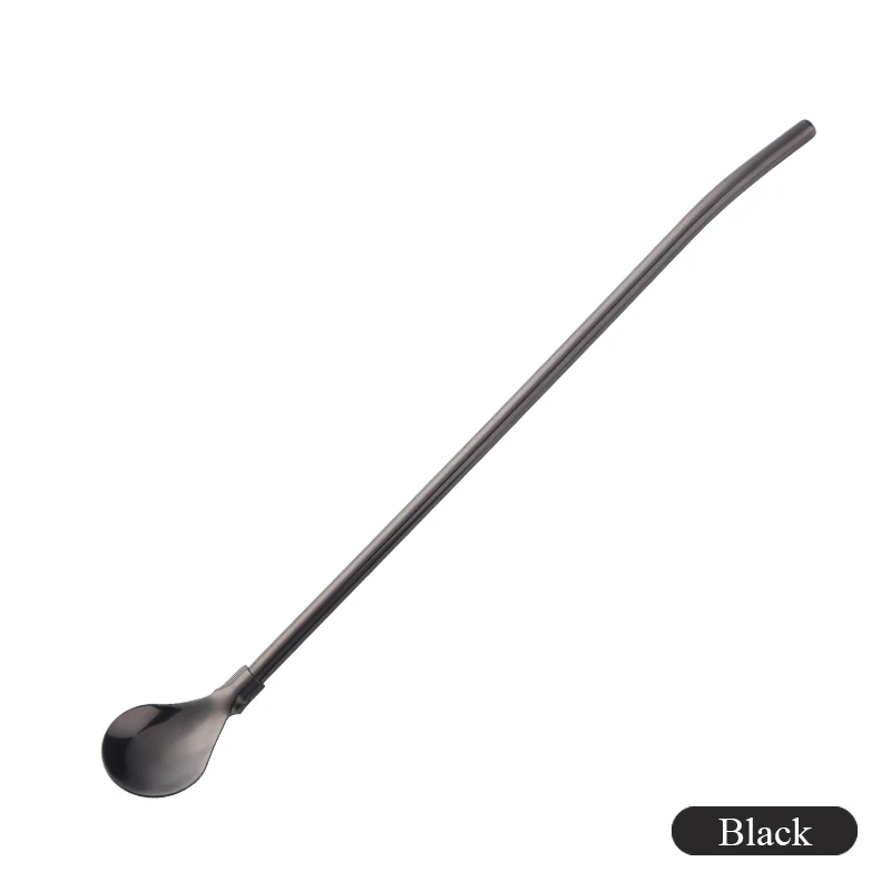 8 шт., соломинка из нержавеющей стали с длинной ручкой, с ложкой, для коктейлей, смузи, мешалка, ситечко для чая, вечерние, с 2 чистящими кистями - Цвет: Black-8 Pcs