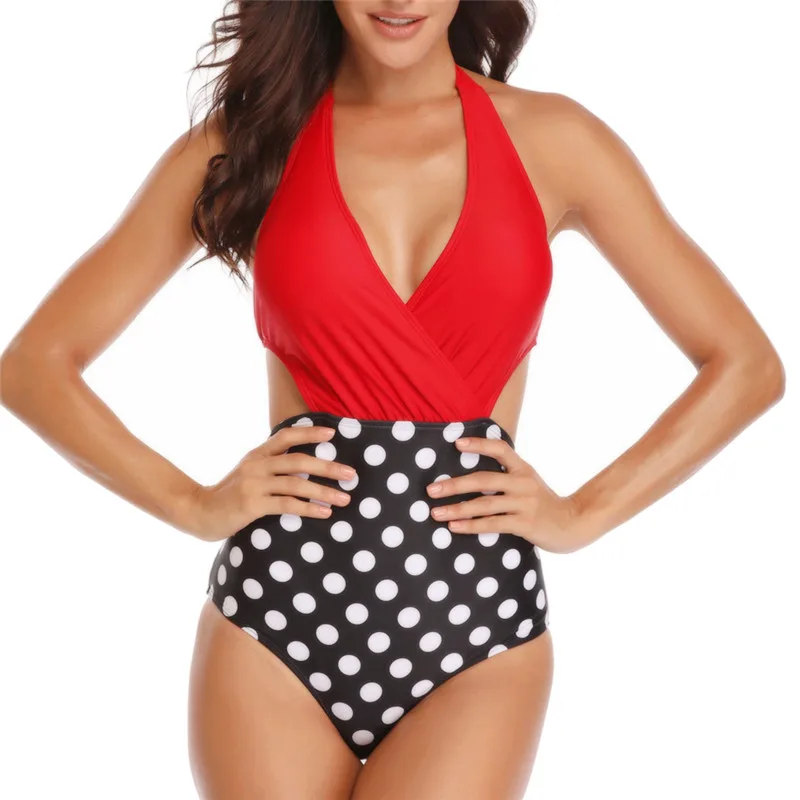 

Halter Deep V Neck Cross Swimwear One Piece Swimsuit Female 2019 Trikini Bandage Dot Monokini High Waist Bathing Suit Backless