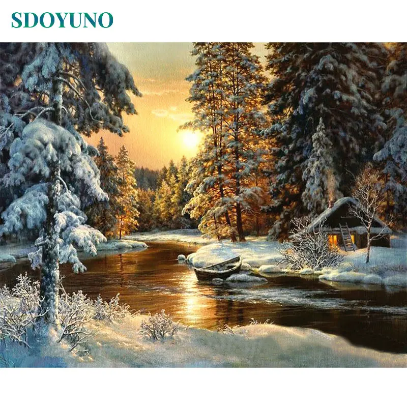 

SDOYUNO Sunset Snow View Cottage Painting By Numbers Winter DIY Framed Coloring by numbers Acrylic On Canvas For Unique Gift