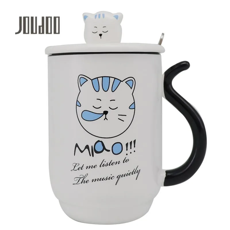 

JOUDOO 450ml Cute Cat Ceramics Coffee Mug with Lid and Spoon Large Capacity Animal Mugs Creative Drinkware Coffee Mug 35