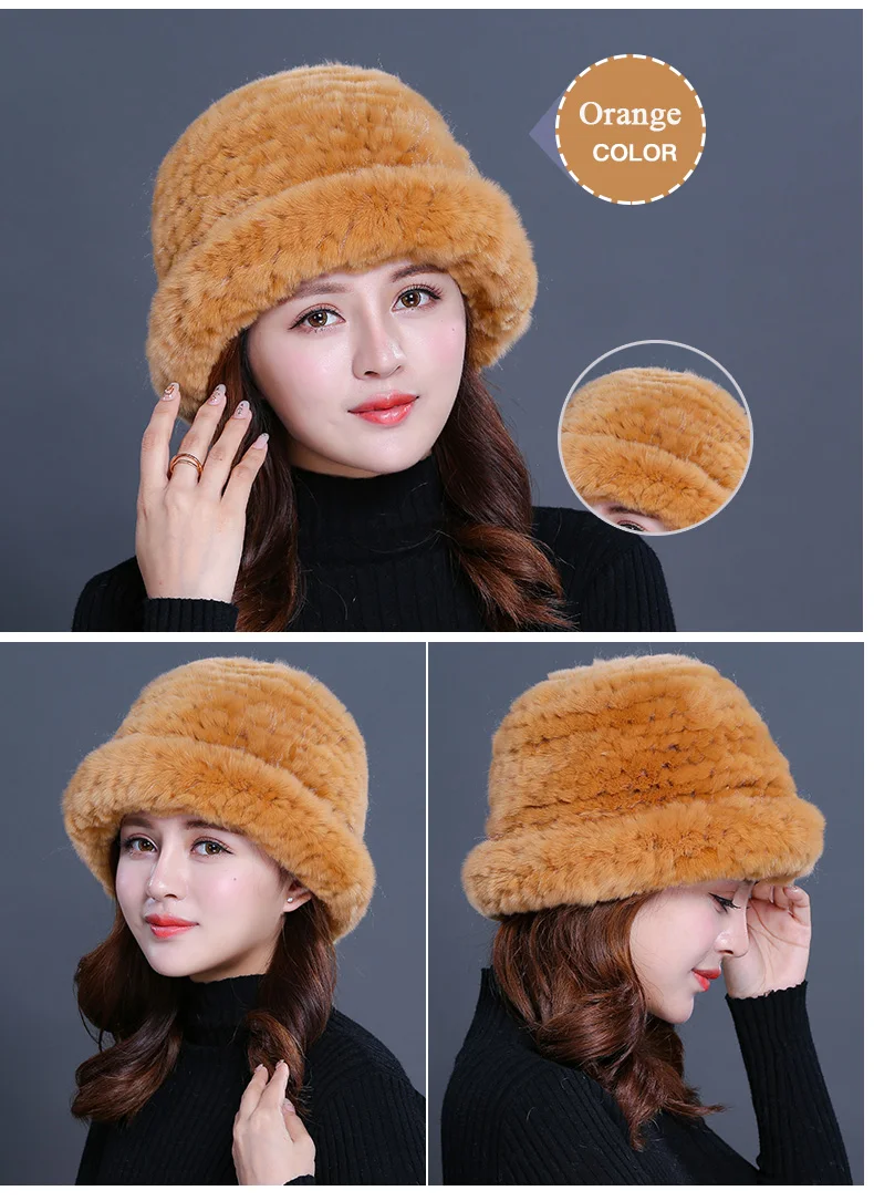 Luxury Natural Fur hats Fur Bucket Hat Russian Real Rex Rabbit Fur Hat Female Solid Women's Winter Cap Ladies (22)