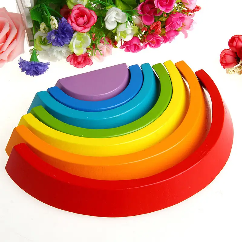 New 1Set 7Pcs Colorful Wood Rainbow Building Blocks Baby Intellectual Development Toys