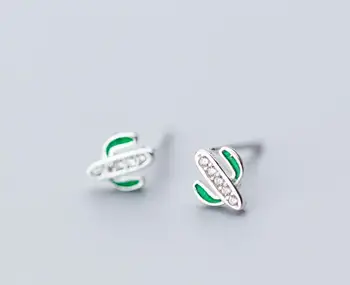 

cute SMALL Real. 925 Sterling Silver Fine jewelry Green cactus Stud Earrings zirconia child GTLE2210