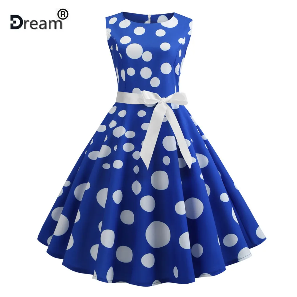 

2019 Summer Vintage Blue dot Dress Elegant Vestidos Party Sexy Sleeveless O-Neck Bandage Casual Office Plus Size 2XL Dress