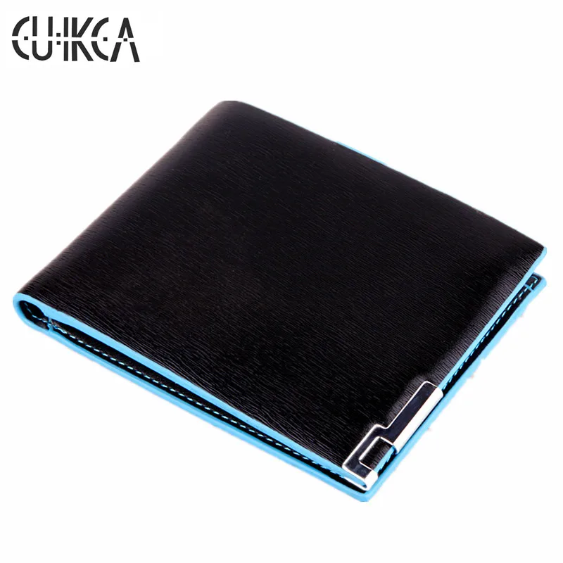 

CUIKCA Men Wallet Waterproof Leather Slim Wallet Purse Blue Edge Iron Included Angle Carteira ID Credit Card Contrast Color