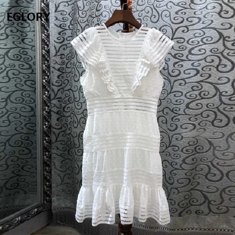 

Hollow Out Sexy Club Dress 2019 Summer Fashion Style Women Ruffle Flower Patchwork Slim Fitted Sleeveless White Dress Above Knee