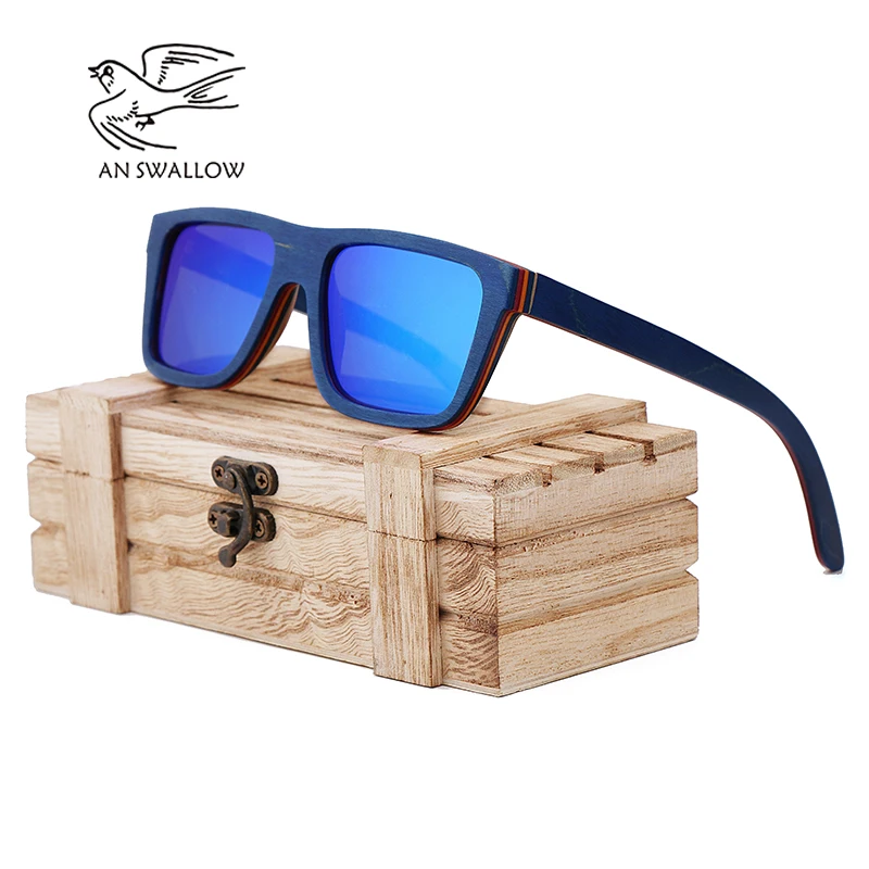 

AN SWALLOW Skateboard Wooden Sunglasses Blue Frame With Coating Mirrored Bamboo Sunglasses UV 400 Protection Lenses in Wooden