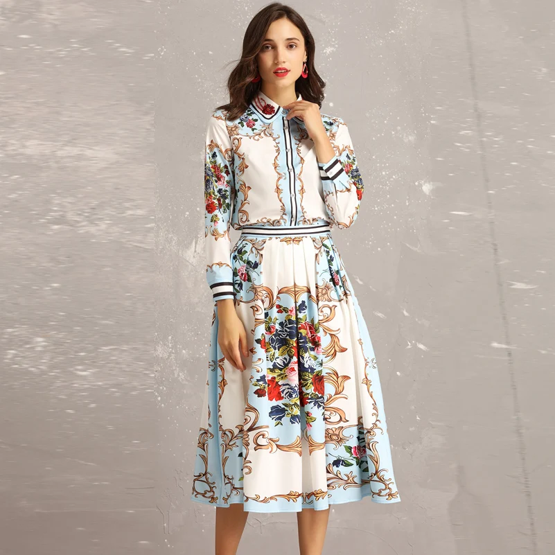 

2019 Fashion runway sets women's long-sleeved beaded sequined shirt + casual floral print elegant Midi skirt two piece set