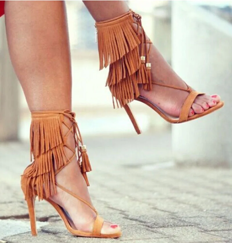 woman sexy lace up fringed ankle strap high heel gladiator sandal shoes woman fashion cut-outs sandals