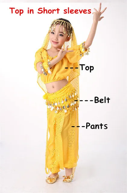 Yellow 3pc Набор костюма для танца живота восточные костюмы для детей костюмы для танца живота для девочек с короткими рукавами танцевальные костюмы - Цвет: Yellow 3pc