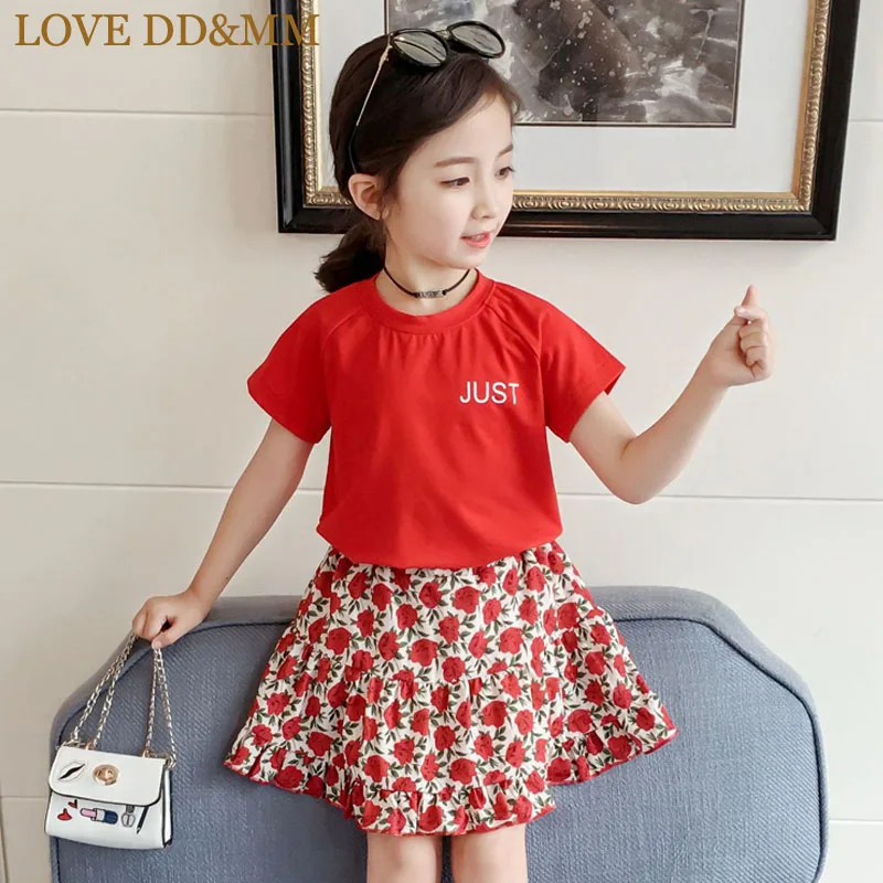 

LOVE DD&MM Girls Sets 2019 Summer New Children's Clothing Girls Short-Sleeved Net Red T-Shirt + Ruffled Rose Skirt Two-Piece Set
