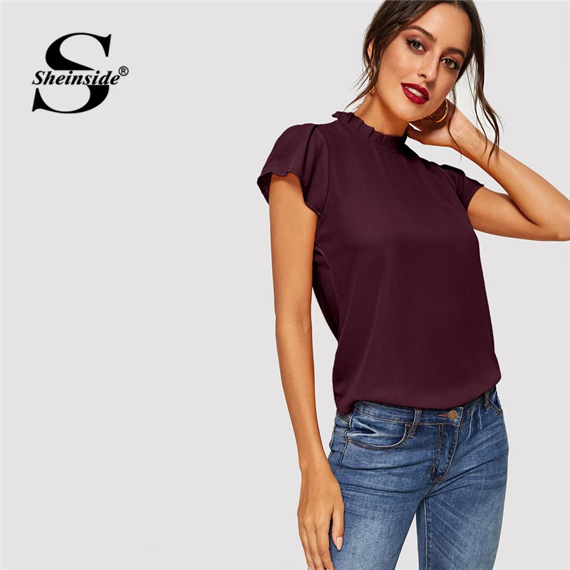 

Sheinside Summer Blouse Women Frill Neck Keyhole Back Top 2019 Maroon Navy Solid Cap Sleeve Casual Womens Tops and Blouses