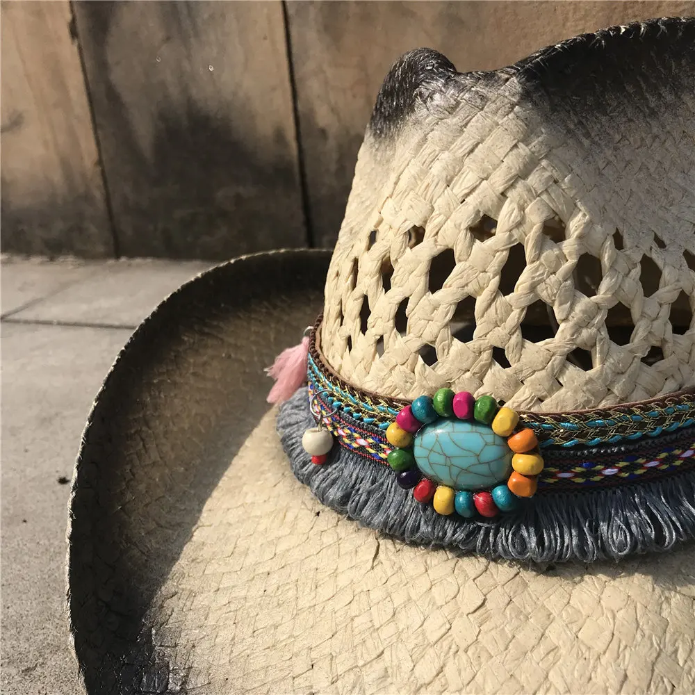 Handmade Weave Straw Women Men Hollow Western Cowboy Hat Lady Dad Sombrero Hombre Cowgirl Jazz Caps Bull Head Band Size 56-58CM