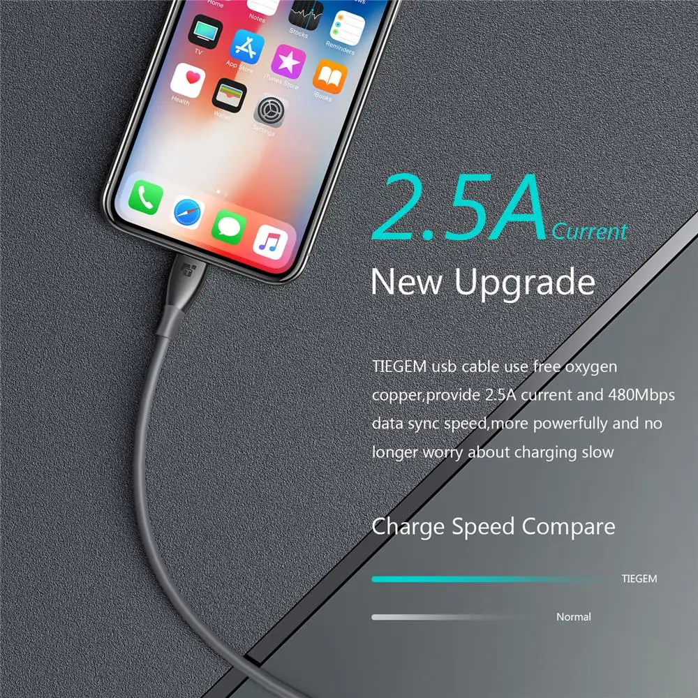 TIEGEM 2A USB كابل الشاحن ل فون X 8 7 6 6 ثانية زائد سريع شحن USB كابل بيانات ل فون 5 5 ثانية SE باد الهاتف المحمول كابل