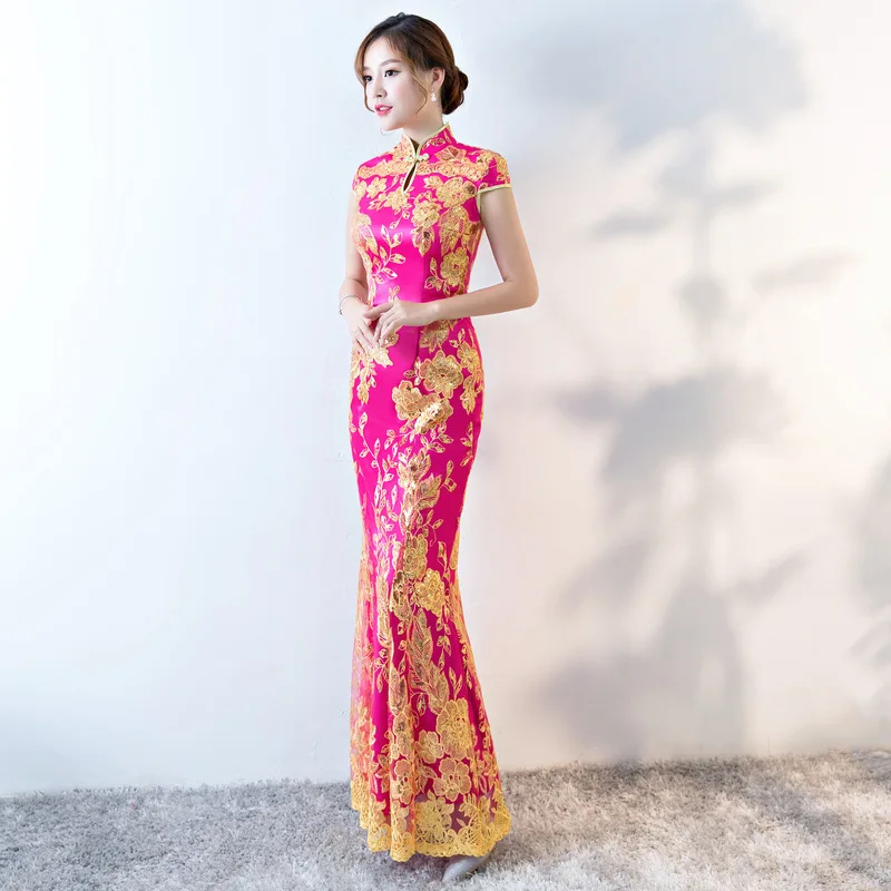 Китайское традиционное платье женское тонкое Cheongsam вышивка блестками современные восточные длинные Qipao вечерние платья - Цвет: color5